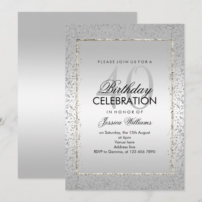 Invitación Elegante Confetti Plata 40 años (Anverso / Reverso)