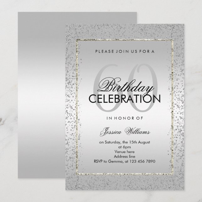 Invitación Elegante Confetti Plata 60 cumpleaños (Anverso / Reverso)