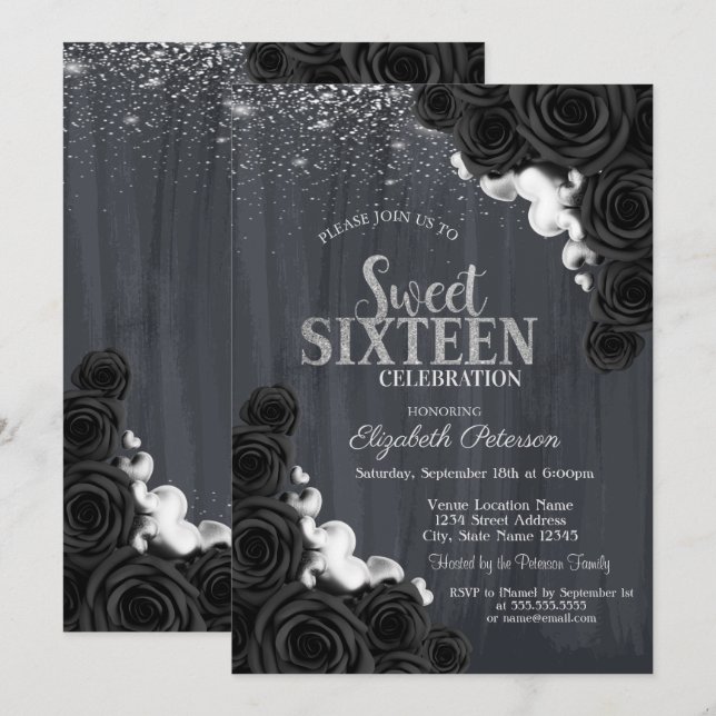 Invitación Elegante Confetti Plata Rosas Negros Dulce 16 (Anverso / Reverso)