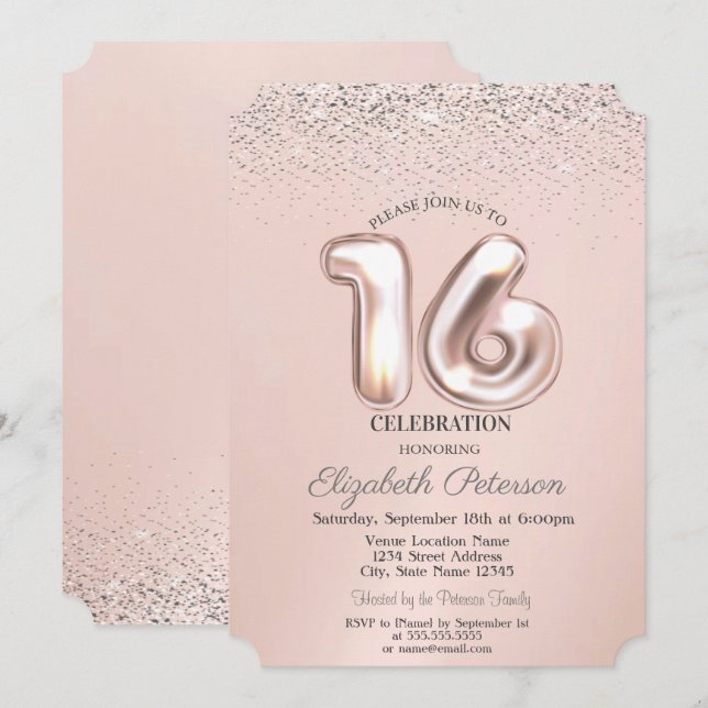 Invitación Elegante Confetti Sweet 16 (Anverso / Reverso)