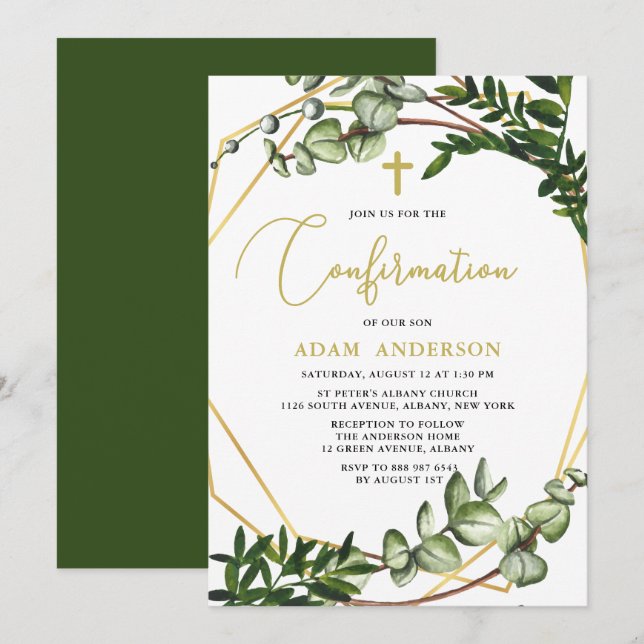 Invitación Elegante confirmación botánica de oro y verde (Anverso / Reverso)
