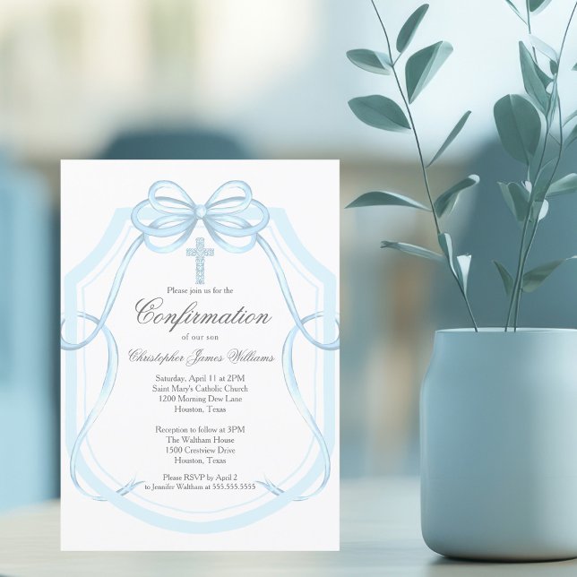 Invitación Elegante confirmación cruz de cinta azul Bow (Subido por el creador)