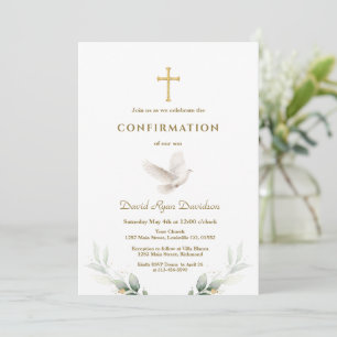 Invitación Elegante Confirmación Cruz de Oro Paloma Verde Sal