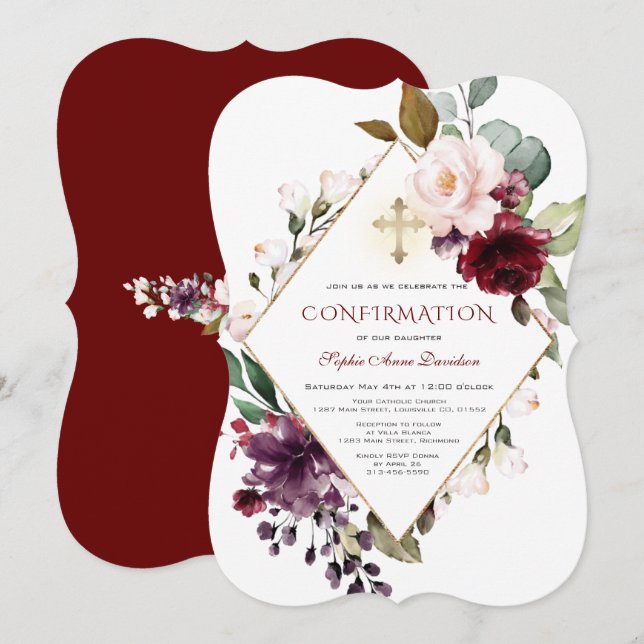 Invitación Elegante confirmación de cruz floral de Rubor en B (Anverso / Reverso)