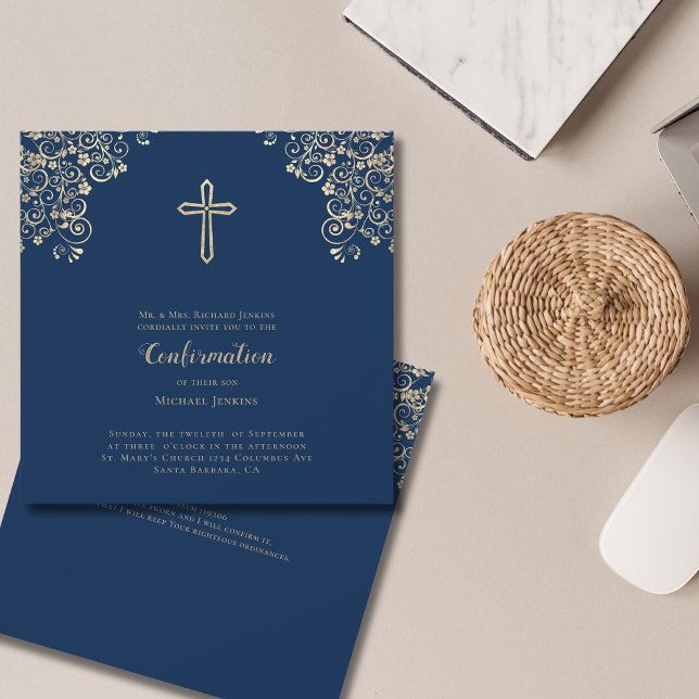 Invitación Elegante confirmación de la cruz de oro azul de la (Subido por el creador)