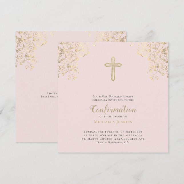Invitación Elegante confirmación de la cruz de oro de Rubor (Anverso / Reverso)