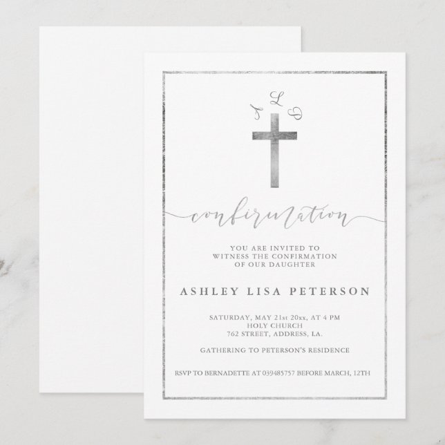 Invitación Elegante confirmación de monograma cruzado platead (Anverso / Reverso)