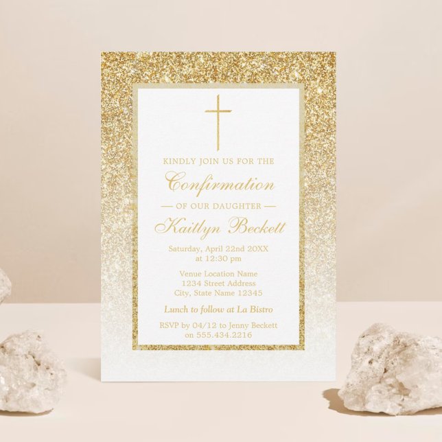 Invitación Elegante Confirmación De Purpurina De Oro O Primer (Subido por el creador)
