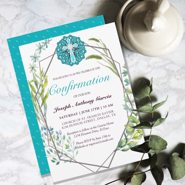 Invitación Elegante confirmación floral botánica de la Cruz A (ELEGANT BLUE CROSS BOTANICAL FLORAL CONFIRMATION INVITATION)