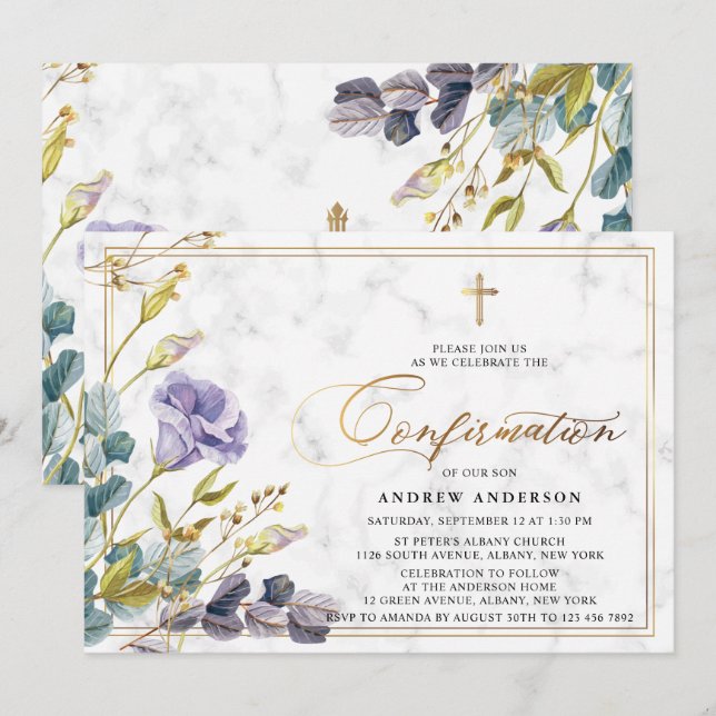 Invitación Elegante confirmación floral de época dorada (Anverso / Reverso)
