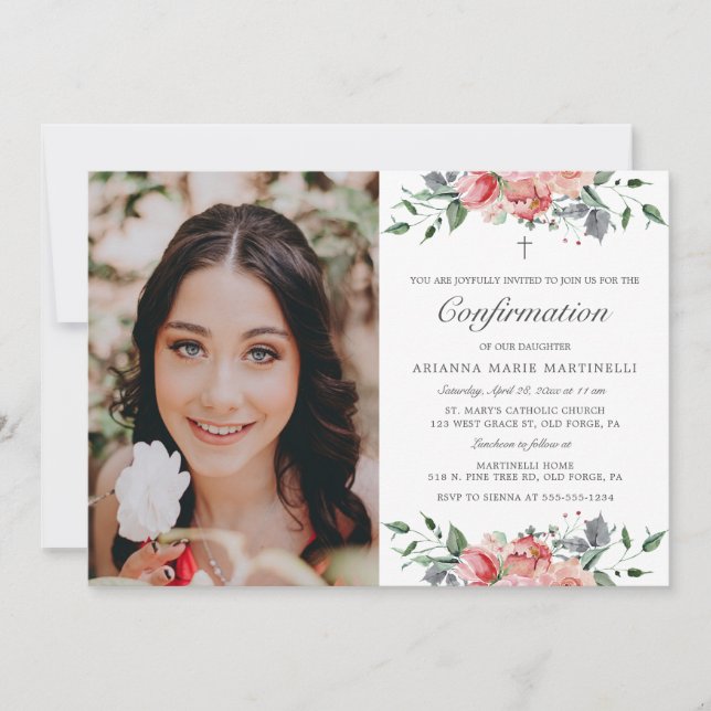 Invitación Elegante confirmación floral rosa para Chicas Foto (Anverso)