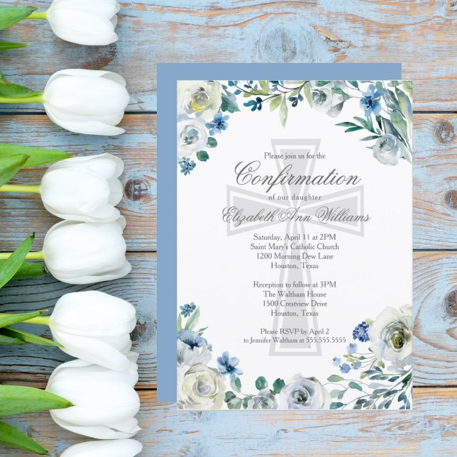 Invitación Elegante confirmación religiosa floral azul (Subido por el creador)