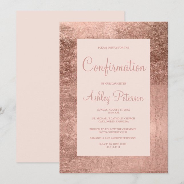 Invitación Elegante confirmación rosa rosa de marco dorado ro (Anverso / Reverso)