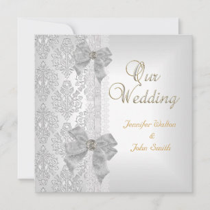 Invitación Elegante conjunto de lazo de damasco de plata y bl