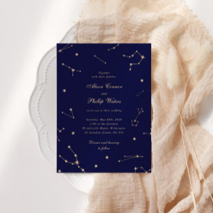Invitación Elegante Constelación Azul y Dorada Boda