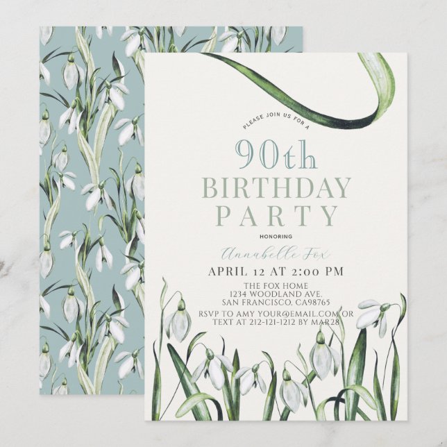 Invitación Elegante Copas de Nieve acuarela 90 cumpleaños (Anverso / Reverso)