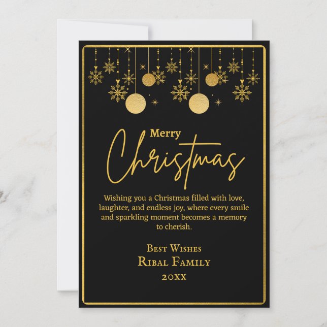 Invitación Elegante copo de nieve de Navidad en negro y dorad (Anverso)