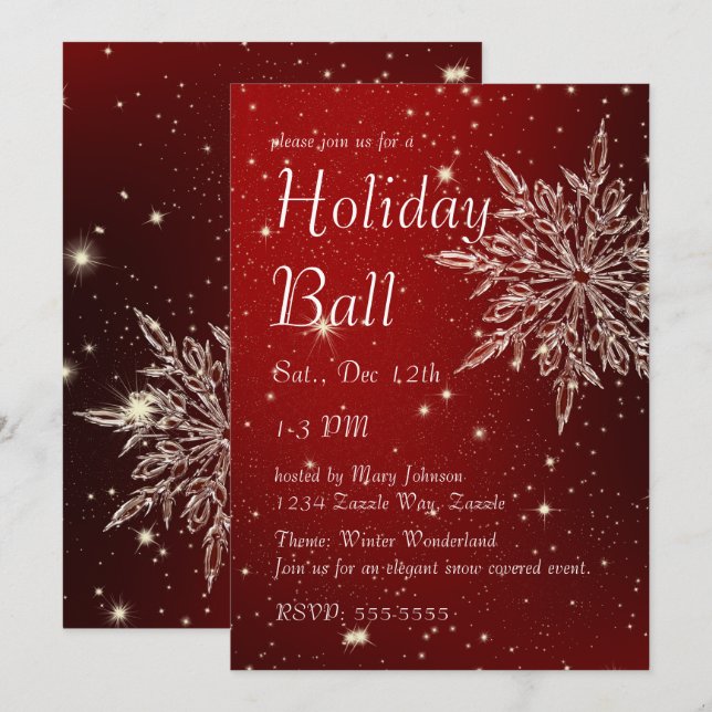 Invitación Elegante copo de nieve en bola roja (Anverso / Reverso)