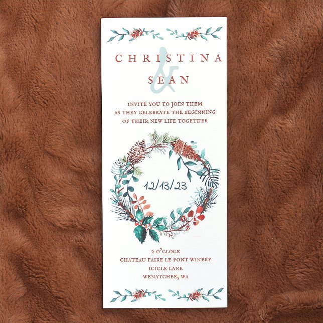 Invitación Elegante Copper, Boda de guirnaldas de pino verde (winter pine needle wreath, copper, rust, winter green wedding invitations)