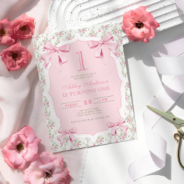 Invitación Elegante Coqueta Floral de Bow Rosa 1º cumpleaños