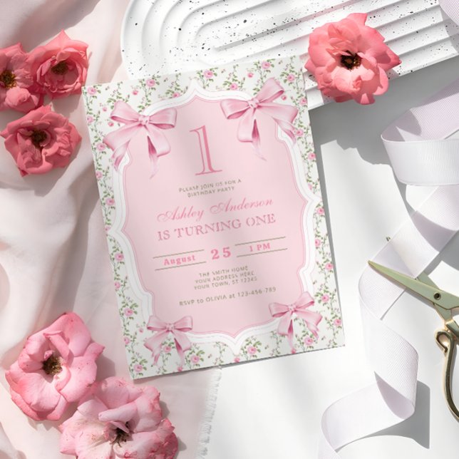 Invitación Elegante Coqueta Floral de Bow Rosa 1º cumpleaños (Subido por el creador)