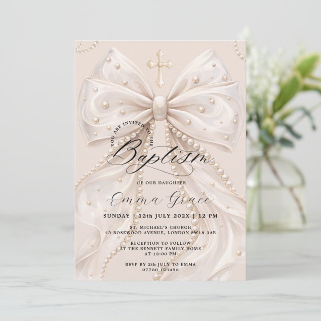 Invitación Elegante Coqueta Perla Arco Bautizo (Anverso de pie)