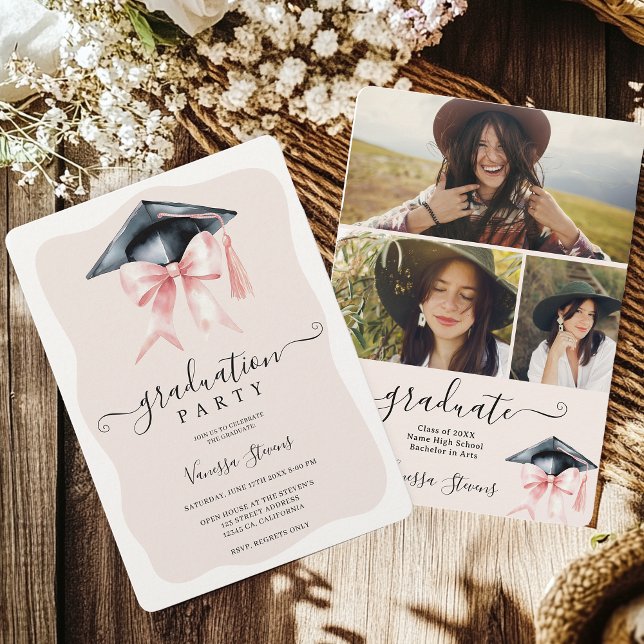Invitación Elegante Coquette Bow Graduación 3 Fotos (Elegant Coquette Bow Graduation 3 Photos Invitation)