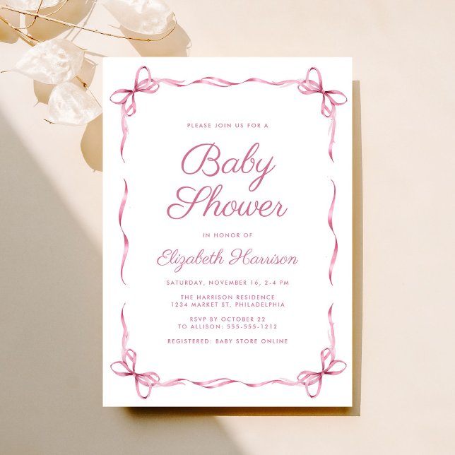 Invitación Elegante Coquette Bows Niña Rosa Ducha (Celebrate the upcoming arrival of your baby girl with a vintage-inspired coquette bows baby shower)