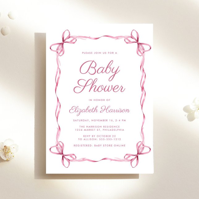 Invitación Elegante Coquette Bows Niña Rosa Ducha (Celebrate the upcoming arrival of your baby girl with a vintage-inspired coquette bows baby shower)