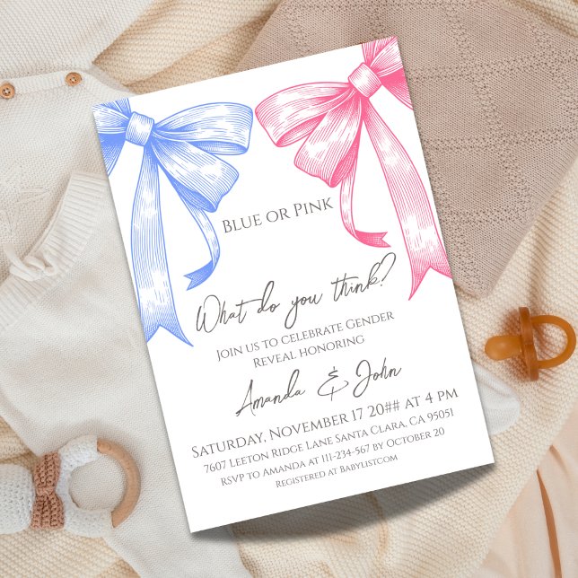 Invitación Elegante Coquette Bows Revelación de Género Rosa A (Subido por el creador)