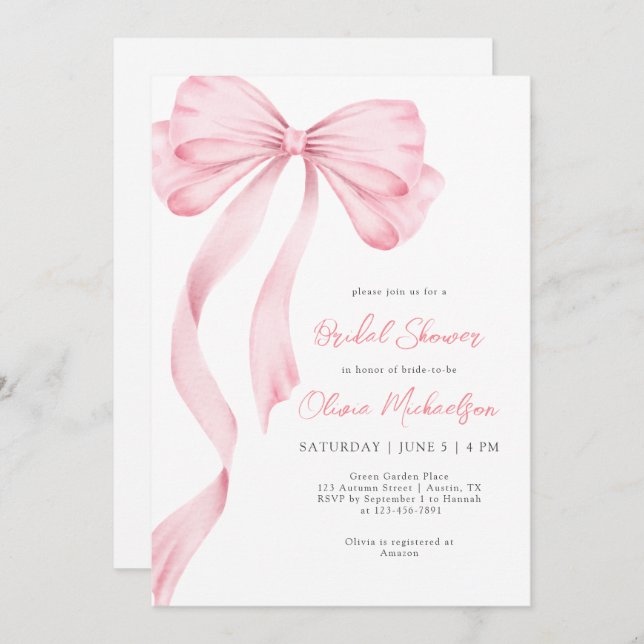 Invitación Elegante Coquette Bridal Bow Rosado Ducha (Anverso / Reverso)