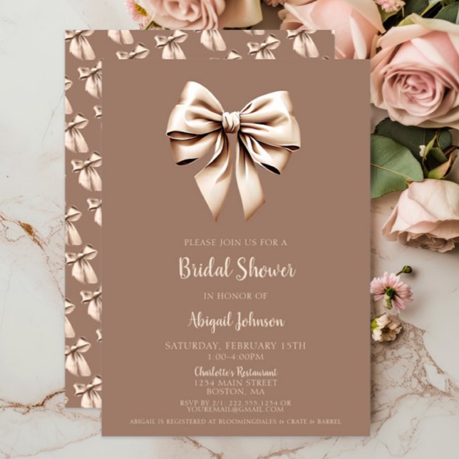 Invitación Elegante Coquette Brown Bow Bridal Shower (Brown Cream Coquette Bow Bridal Shower Invitation, Elegant Wedding Shower, Modern, Mocha, Script )