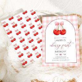 Invitación Elegante Coquette Cherry Primer cumpleaños