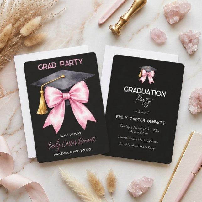 Invitación Elegante Coquette de Rosa Negro con Lazo para Grad (Subido por el creador)