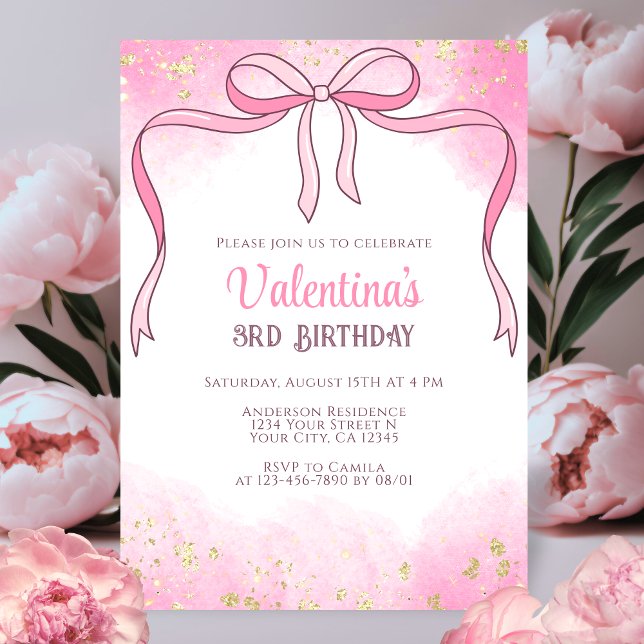 Invitación Elegante Coquette Pink Bow Gold Purpurina Birthday (Subido por el creador)