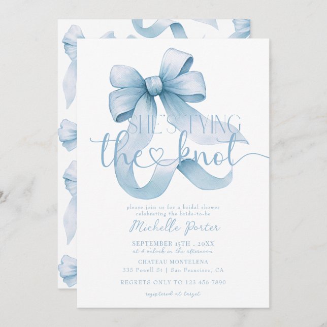 Invitación Elegante Coquette Ribbon Bow Blue Bridal Shower (Anverso / Reverso)