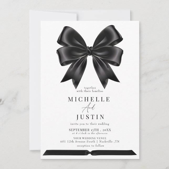 Invitación Elegante Coquette Ribbon Bow Boda Blanco Negro (Anverso)