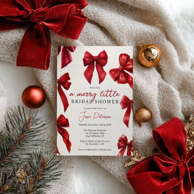 Invitación Elegante Coquette Roja dobla a Navidades novia de  (Elegant Red Coquette Bows Christmas Winter Bridal Invitation)