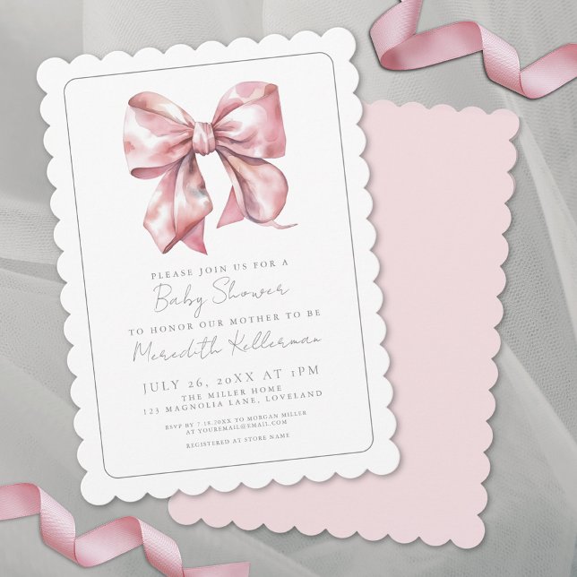 Invitación Elegante Coquette Rosa Bow Baby Shower (Elegant Coquette Girl Pink Bow Baby Shower Invitation)