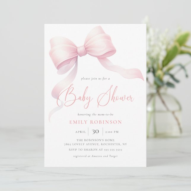 Invitación Elegante Coquette Rosa Bow Chica Baby Shower (Anverso de pie)