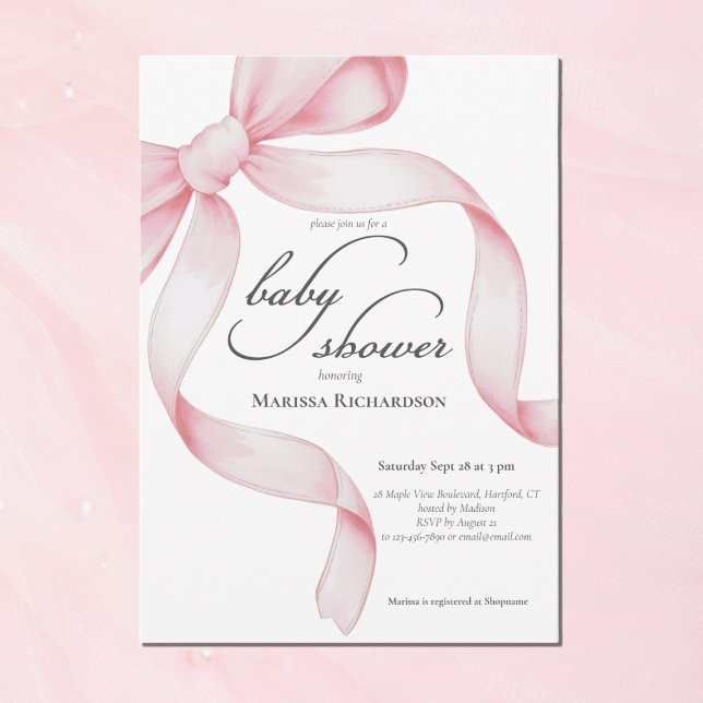 Invitación Elegante Coquette Rosa Bow Chica Baby Shower (chic pink coquette bow baby girl shower invitation with script calligraphy, elegant parisian style)