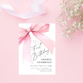 Invitación Elegante Coquette Rosa Bow Primer Chica BIrthday