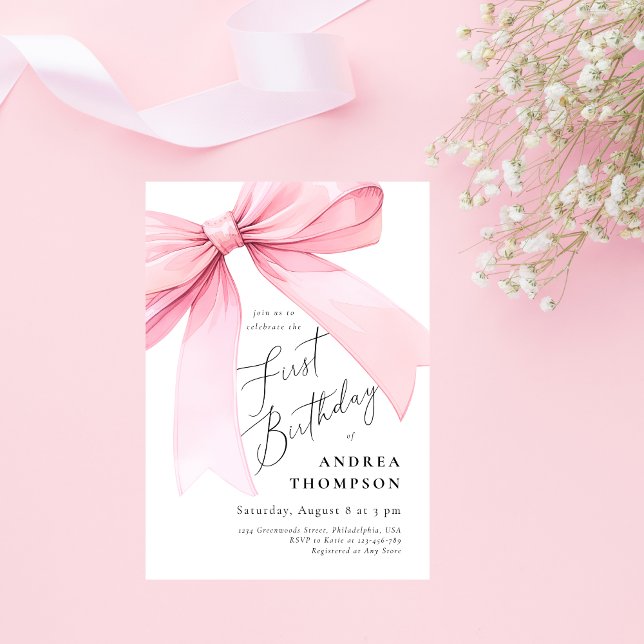 Invitación Elegante Coquette Rosa Bow Primer Chica BIrthday (Subido por el creador)