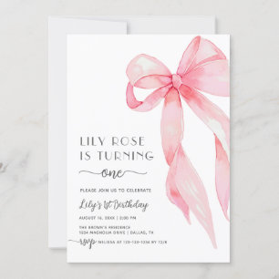 Invitación Elegante Coquette Rosa Bow Primer Chica de cumplea