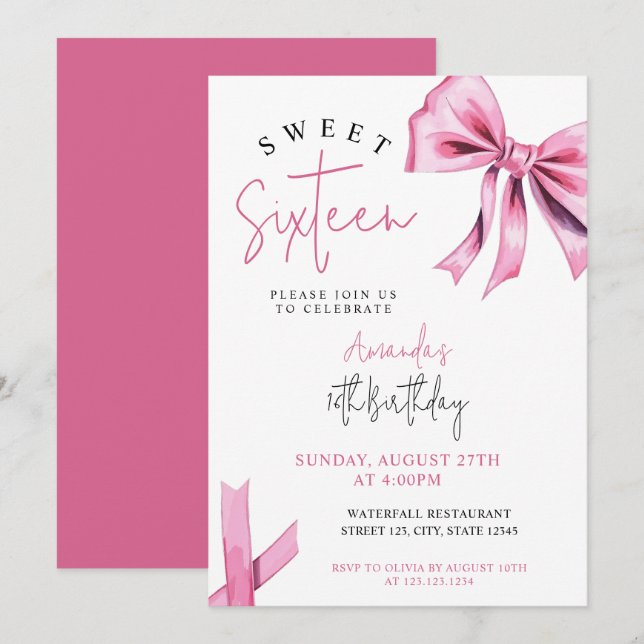Invitación Elegante Coquette Rosa Bow Sweet 16 Cumpleaños (Anverso / Reverso)
