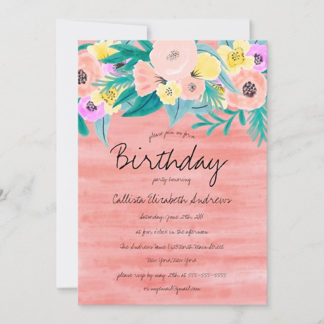 Invitación Elegante Coral Amarillo Floral acuarela Cumpleaños (Anverso)