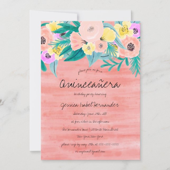 Invitación Elegante Coral Amarillo Floral acuarela Quinceañer (Anverso)