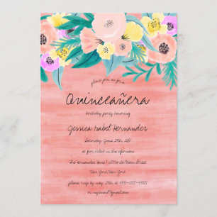 Invitación Elegante Coral Amarillo Floral acuarela Quinceañer
