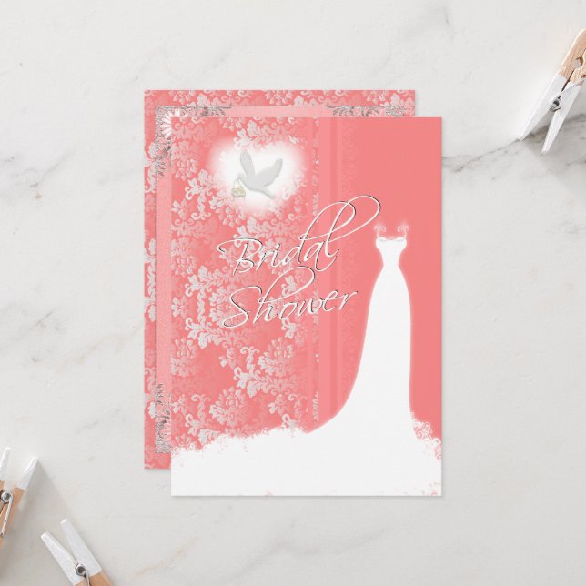 Invitación Elegante Coral Damask Bridal Shower (Anverso/Reverso In Situ)