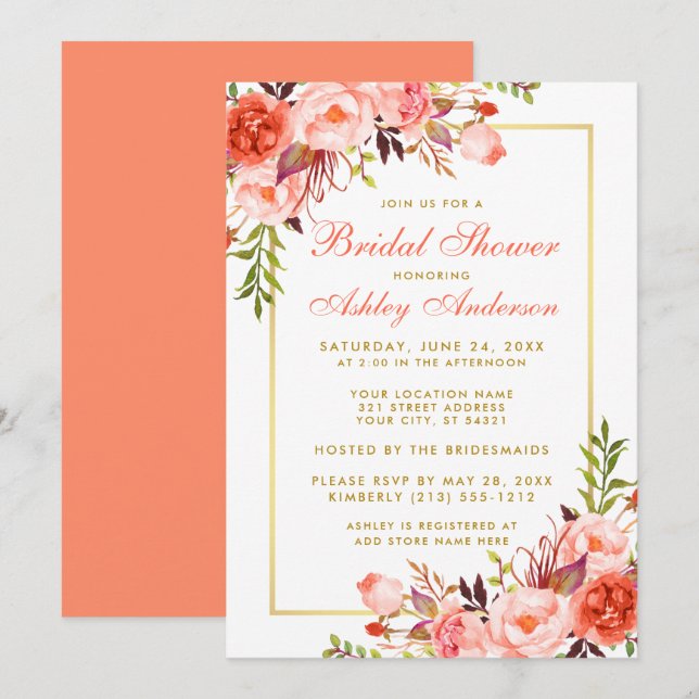 Invitación Elegante Coral Floral Gold Bridal Ducha (Anverso / Reverso)